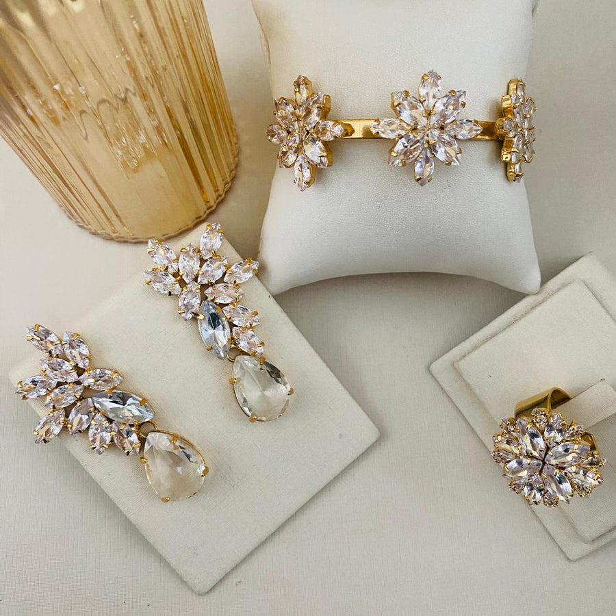 Kit Brinco, Anel Regulavel e Bracelete Diane Cristal De Zircônia Banho Dourado