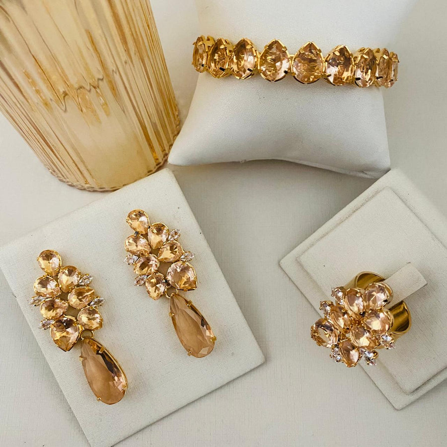 Kit Brinco, Anel Regulavel e Bracelete Lunna de Zirconia Nude Dourado