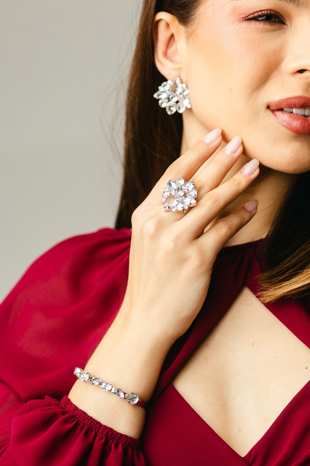 Kit Brinco, Anel Regulável e Bracelete Manhattan de Zircônia Cristal Banho Prata