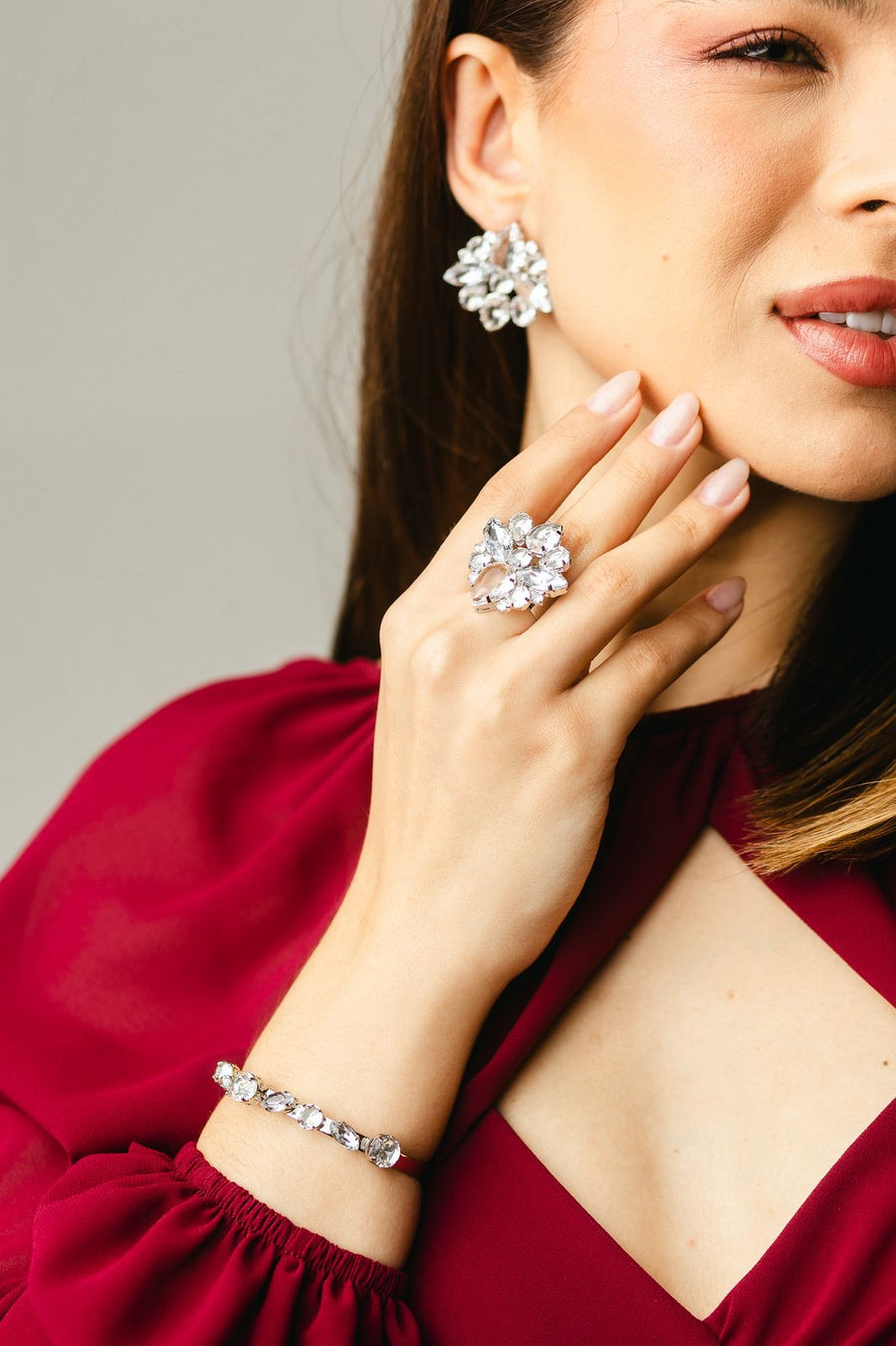 Kit Brinco, Anel Regulável e Bracelete Manhattan de Zircônia Cristal Banho Prata