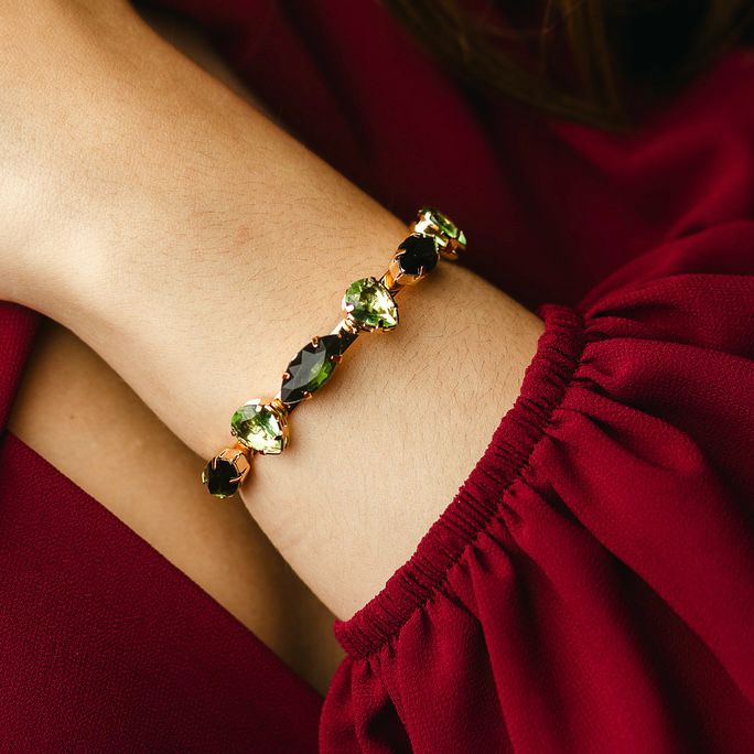 Kit Brinco, Anel Regulável e Bracelete Manhattan de Zircônia Tons de Verde Banho Dourado