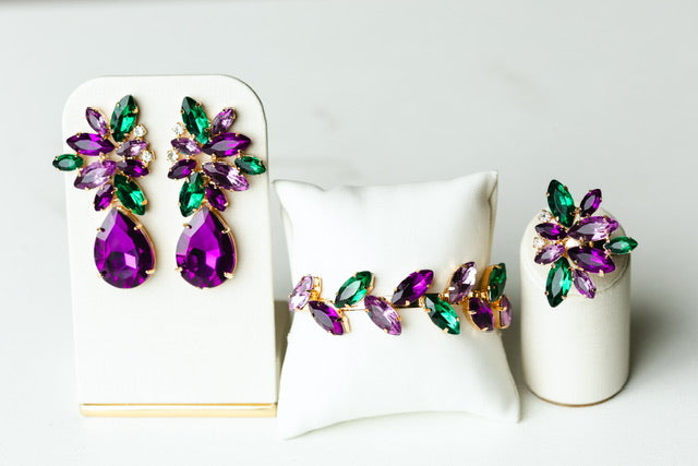 Kit Brinco, Anel Regulável e Bracelete Scarlat - Roxo com Verde
