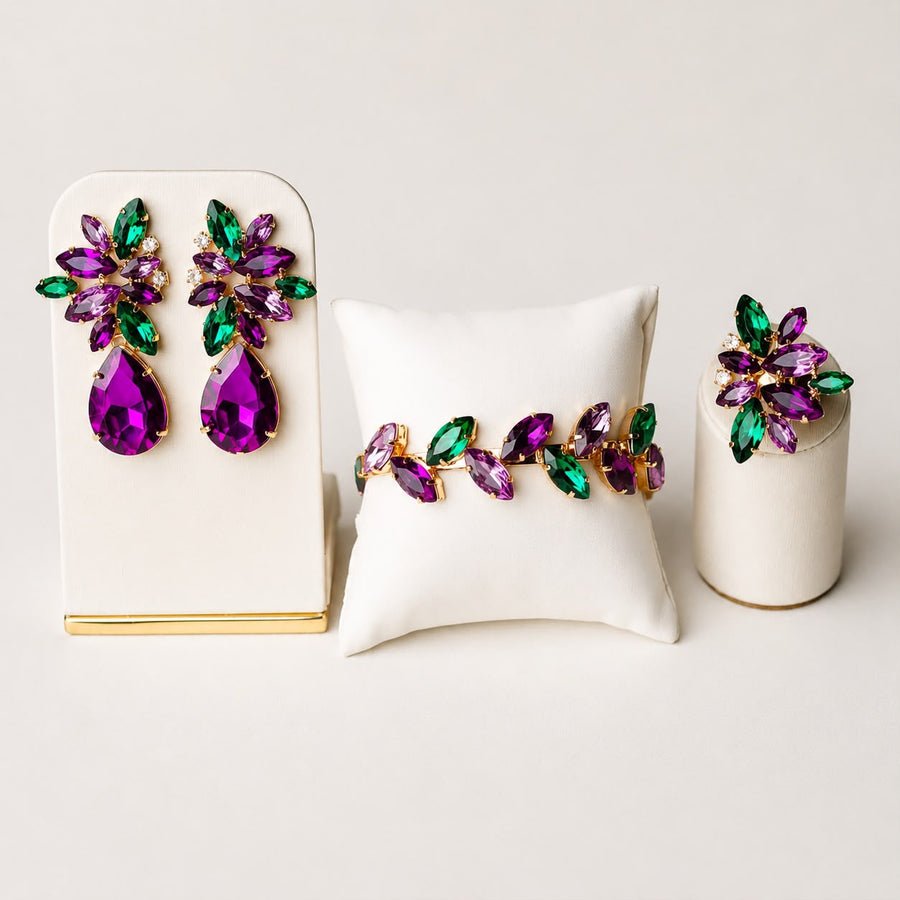 Kit Brinco, Anel Regulável e Bracelete Scarlat - Roxo com Verde