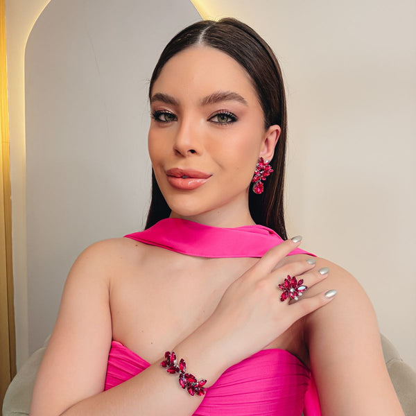 Kit Brinco, Bracelete e Anel Regulável Scarlat Pink Banho Prata