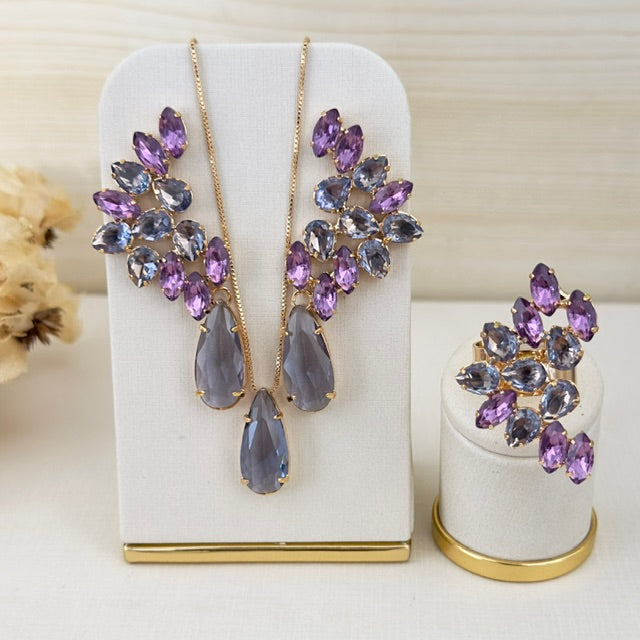 Kit Brinco Colar e Anel Regulável Deborah tons Com Roxo