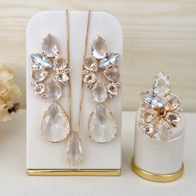 Kit 3 Peças Brinco, Colar e Anel Regulável Jorgina Cristal Dourado