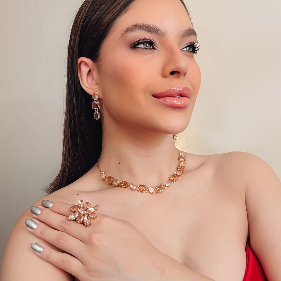 Kit Brinco Colar E Anel Regulável Sarah Em Zircônia Nude