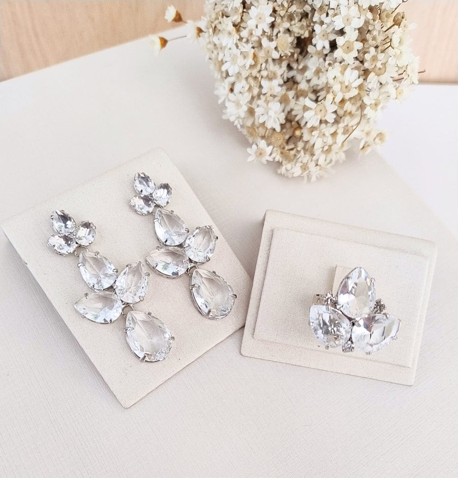 kit Brinco e Anel Regulável Kyara Cristal de Zircônia Prata