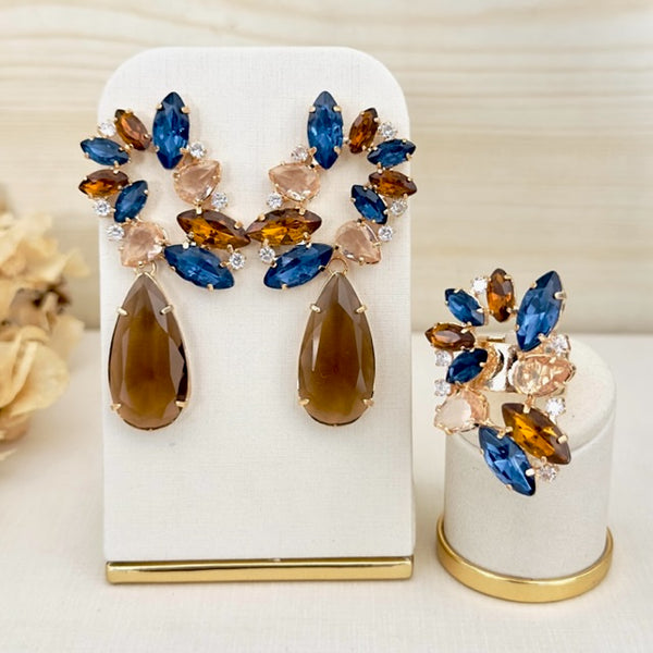 Kit Brinco e Anel Regulável Amanda de Zircônia Azul Safira com Nude Dourado
