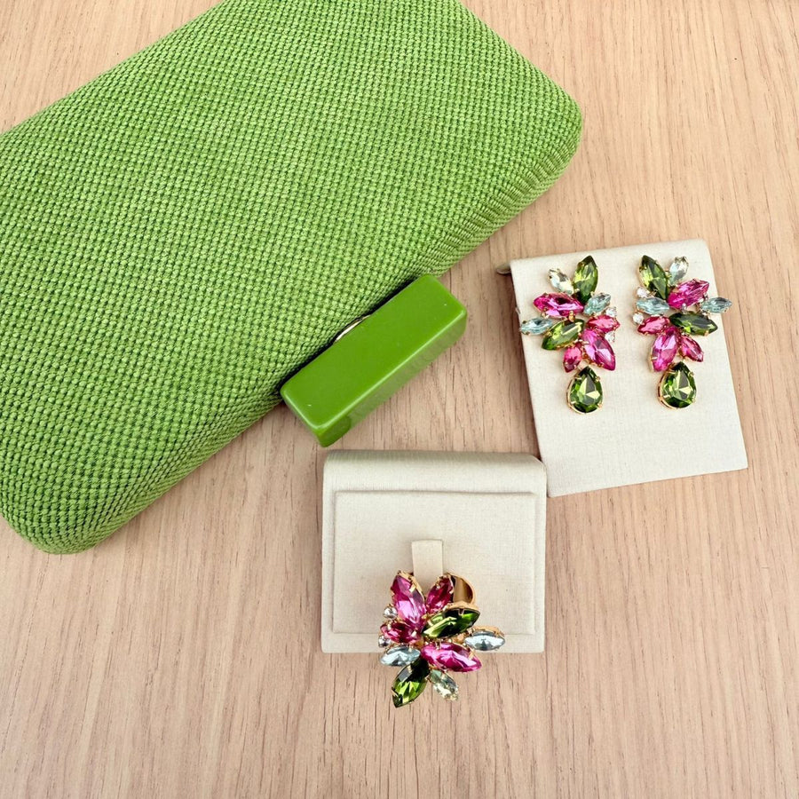 Kit Brinco e Anel Regulável Marina Pink Com Verde Oliva + Clutch