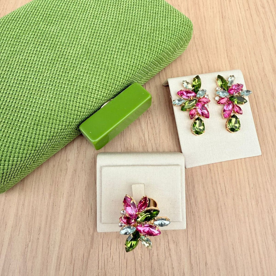 Kit Brinco e Anel Regulável Marina Pink Com Verde Oliva + Clutch