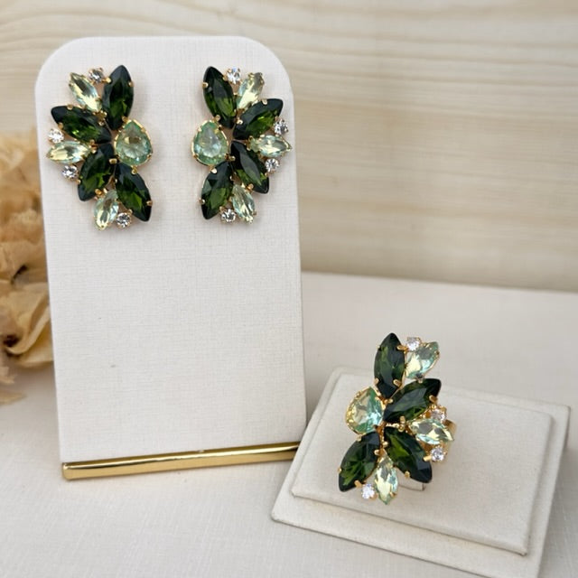 Kit Brinco e Anel Regulável Meia Lua Verde Oliva com Menta Dourado