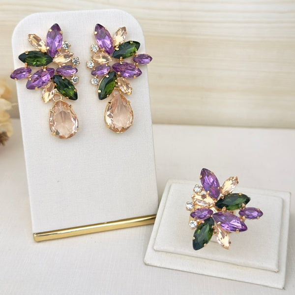 Kit Brinco e Anel Regulável Scarlat Pedraria Lilas, Nude com Oliva Dourado