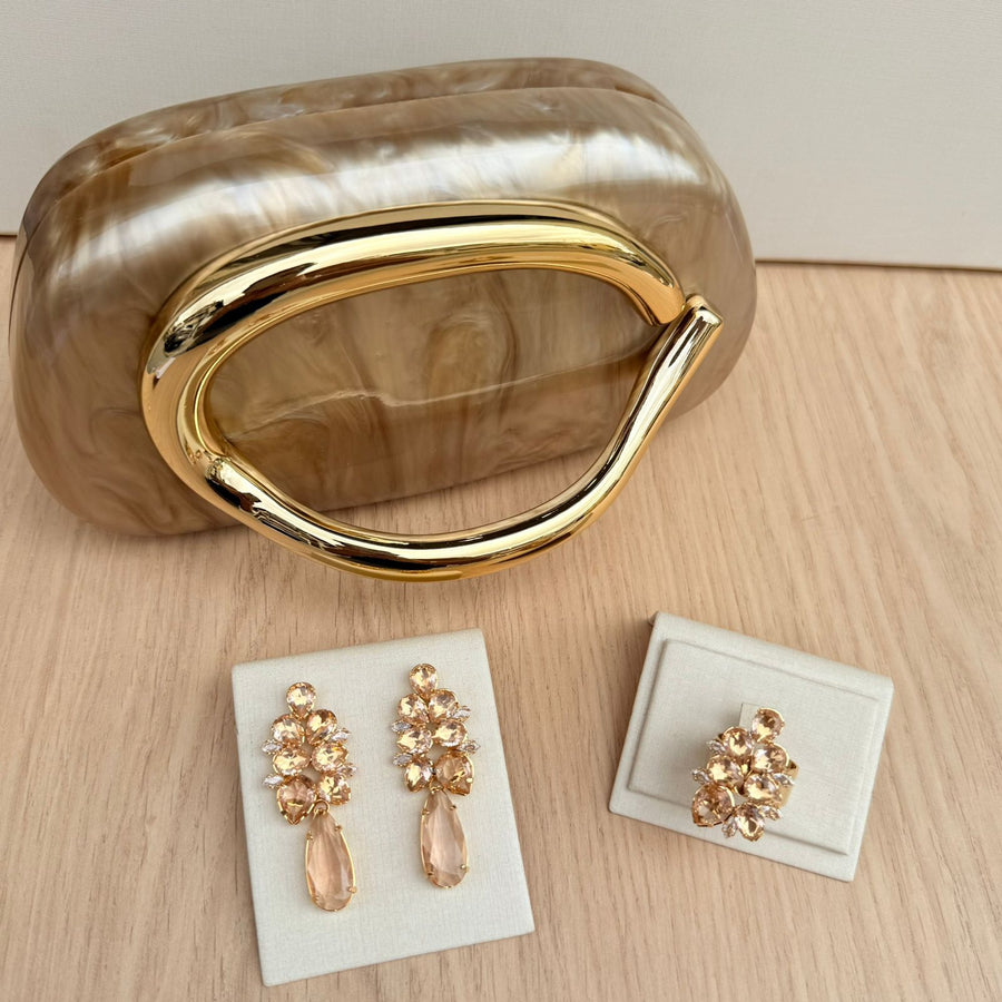 Kit Brinco e Anel Regulável Thamires Nude + Clutch Madrepérola