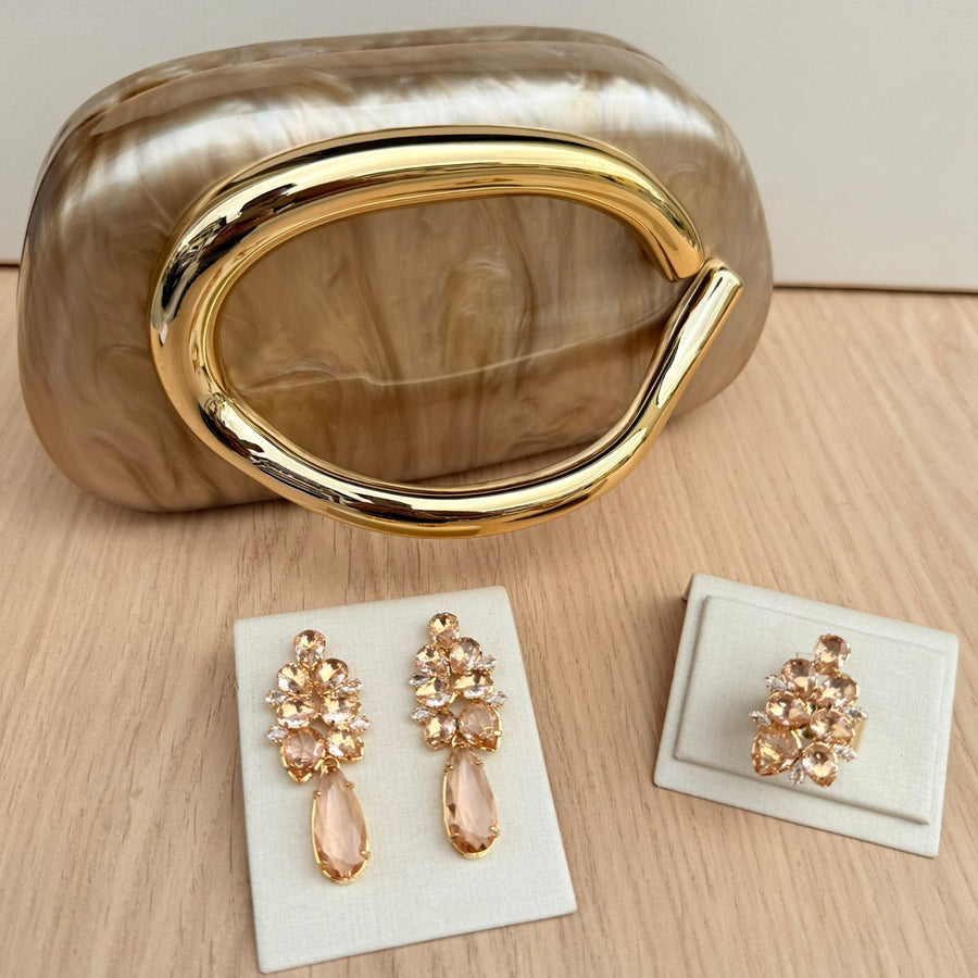 Kit Brinco e Anel Regulável Thamires Nude + Clutch Madrepérola