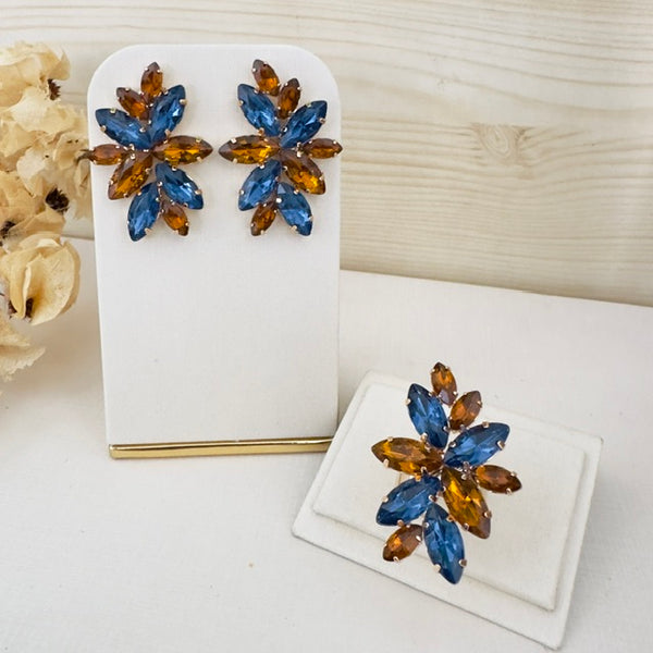 Kit Brinco e Anel Regulável Turim Pedraria Azul Safira com Marrom Dourado