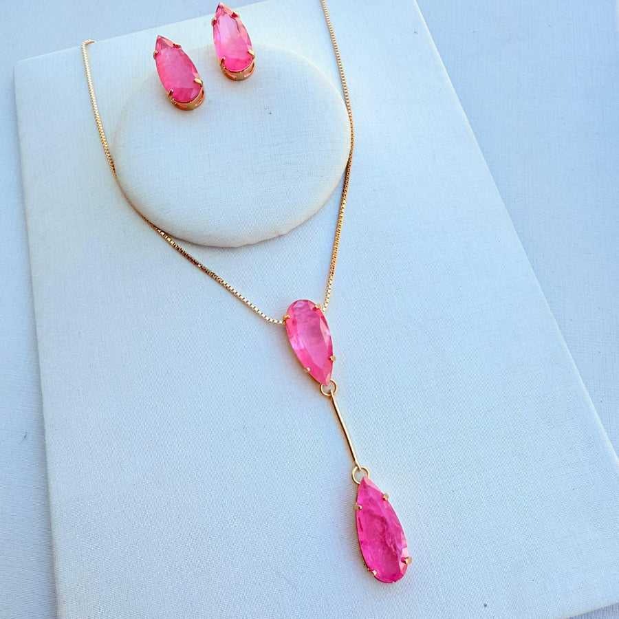 Kit Brinco e Colar Gravatinha Palito Rosa