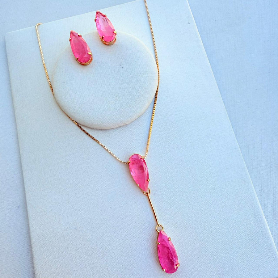 Kit Brinco e Colar Gravatinha Palito Rosa