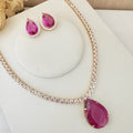 Kit Brinco e Colar Riviera Cristal Oceania de Zircônia Rosa Fúcsia Dourado