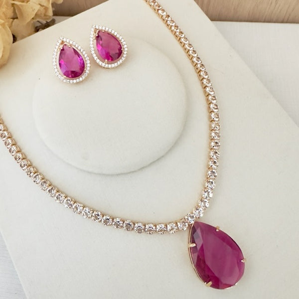 Kit Brinco e Colar Riviera Cristal Oceania de Zircônia Rosa Fúcsia Dourado