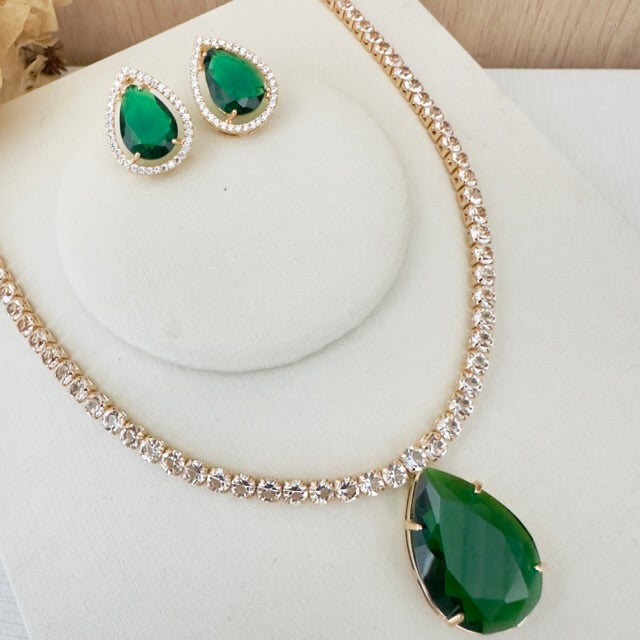 Kit Brinco e Colar Riviera Cristal Oceania de Zircônia Esmeralda Dourado
