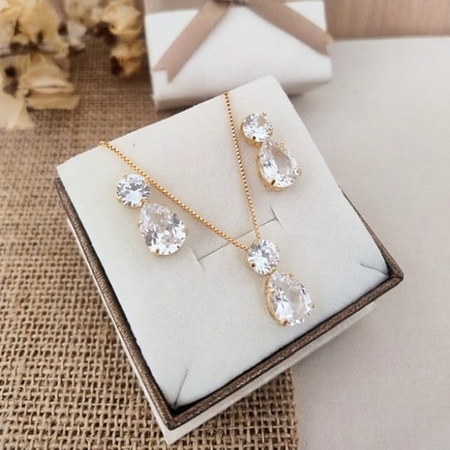 Kit Colar e Brinco de Zircônia Cristal Sasa Dourado
