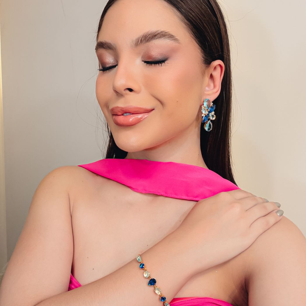 Kit Brinco e Pulseira Ayla Tons De Azul Banho Dourado