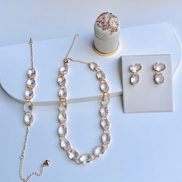 Kit Brinco, Pulseira, Anel e Colar Oval em Zirconia Cristal Doria