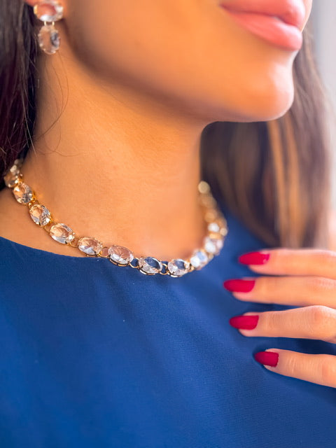 Kit Brinco, Pulseira, Anel e Colar Oval em Zirconia Cristal Doria