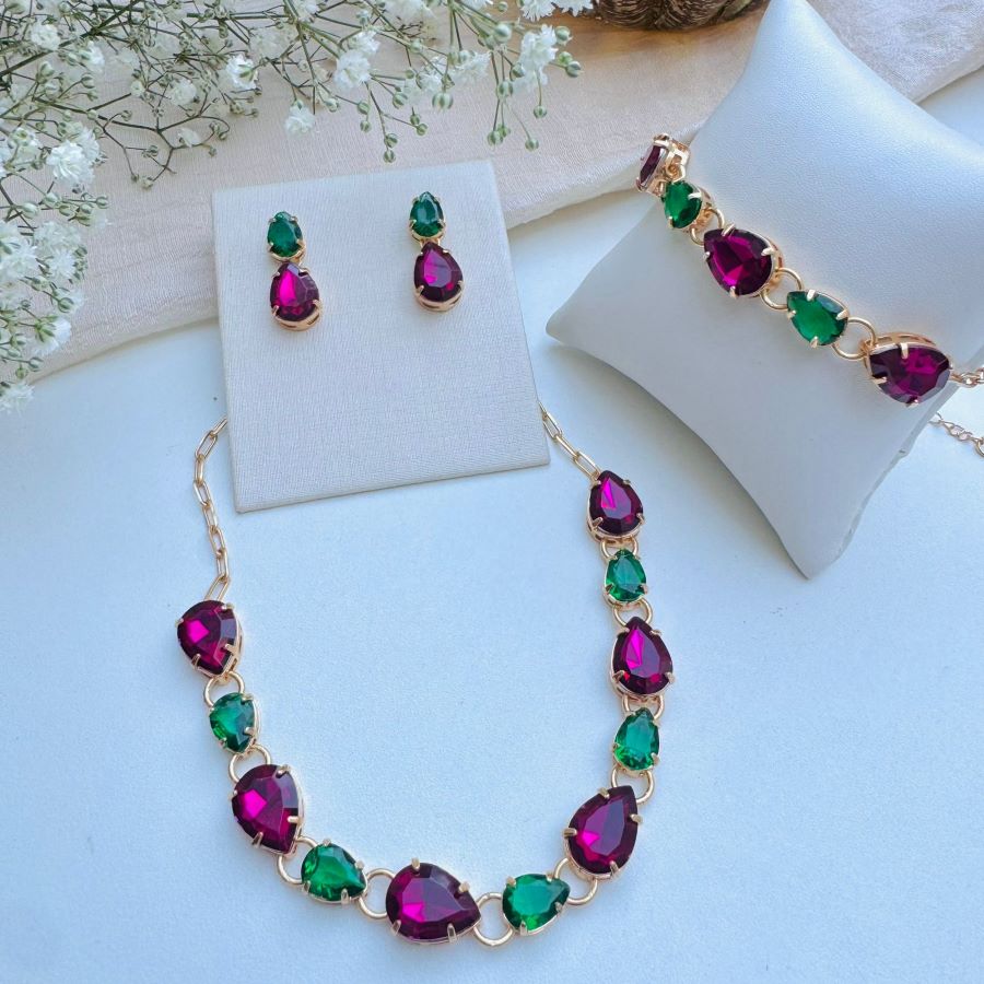 KIT BRINCO, PULSEIRA, COLAR Rosa Pink com verde - GISELE