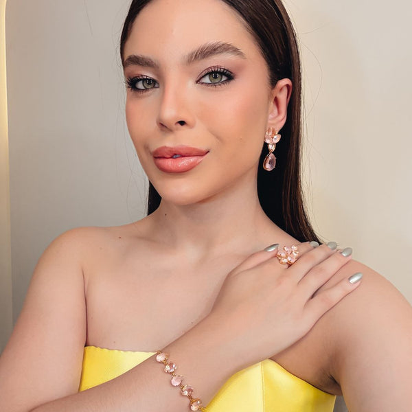 Kit Brinco Pulseira e Anel Regulável Ana Liz Rosa Em Zircônia