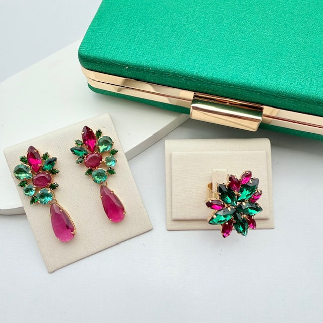 Kit Clutch, Anel e Brinco Liah Rosa Pink com Verde