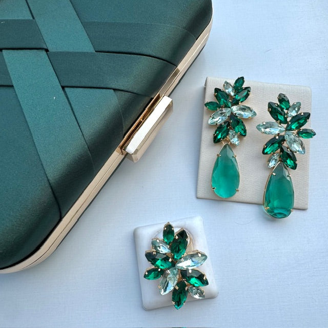 Kit Clutch + Anel Regulável e Brinco Londres Tons de Verde