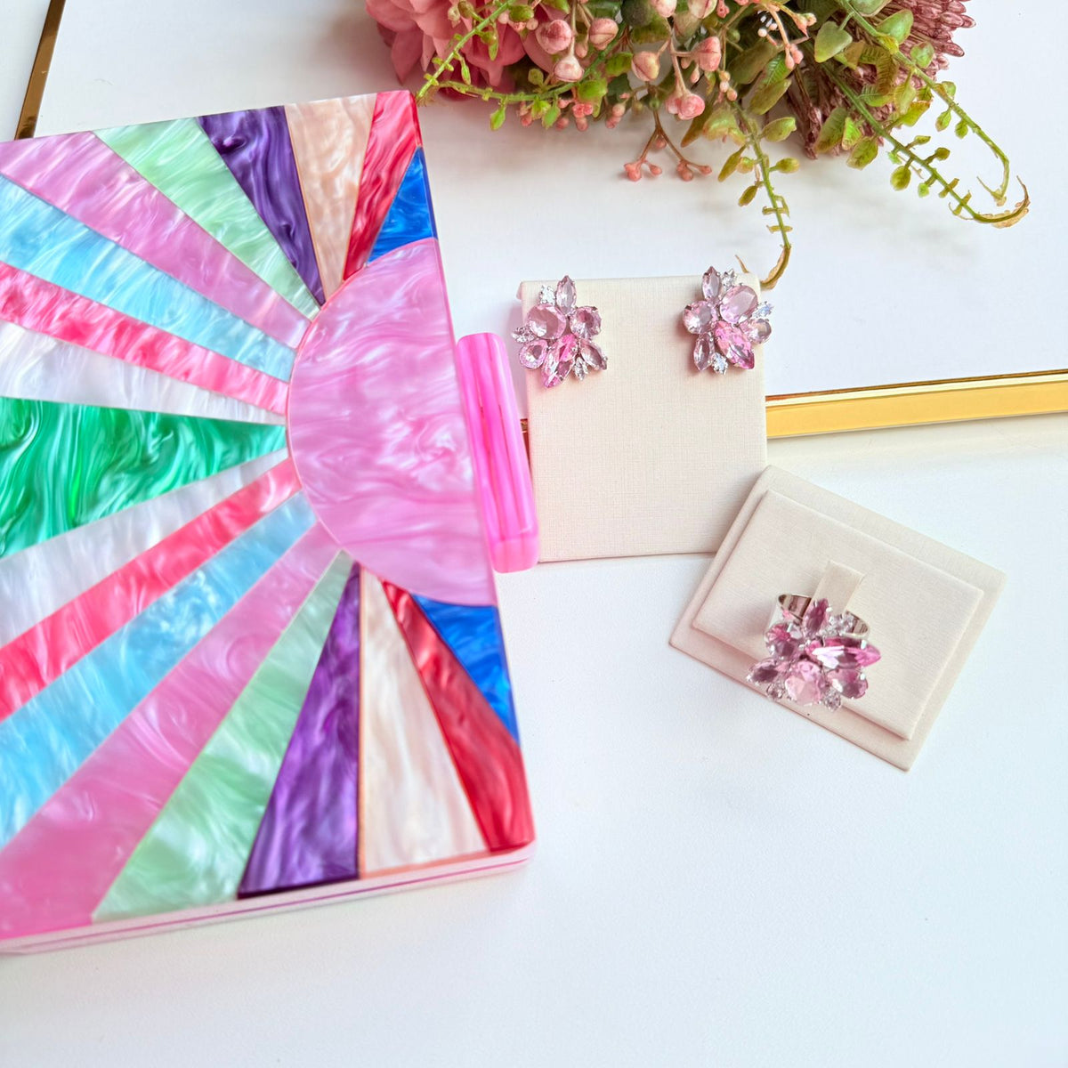 Kit Clutch, Anel Regulável Com Brinco de Zircônia Rosa Lany - Prata