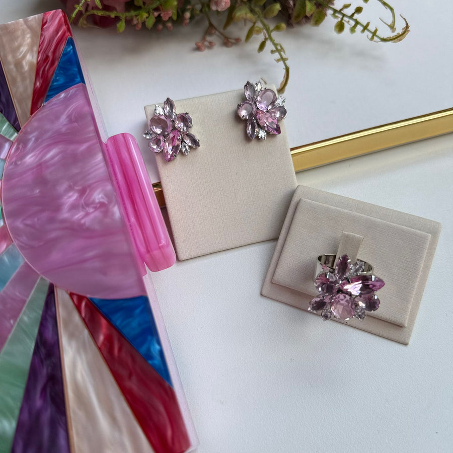 Kit Clutch, Anel Regulável Com Brinco de Zircônia Rosa Lany - Prata