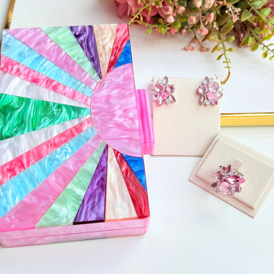 Kit Clutch, Anel Regulável Com Brinco de Zircônia Rosa Lany - Prata