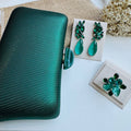 Kit Clutch, Anel Regulável e Brinco Nethy Verde - PRATA
