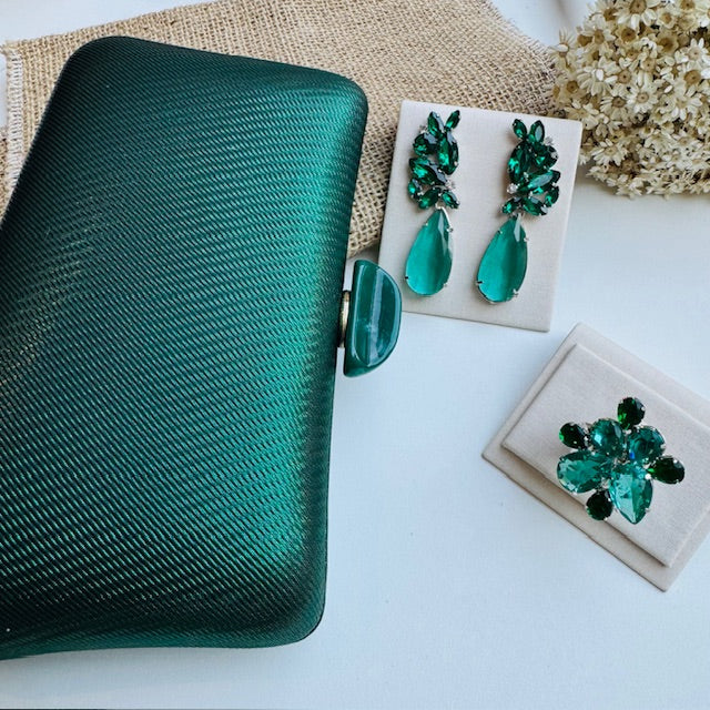 Kit Clutch, Anel Regulável e Brinco Nethy Verde - PRATA