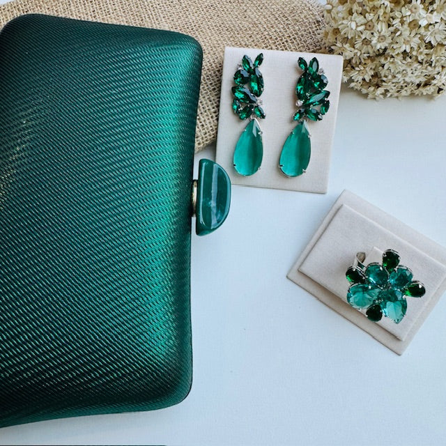 Kit Clutch, Anel Regulável e Brinco Nethy Verde - PRATA