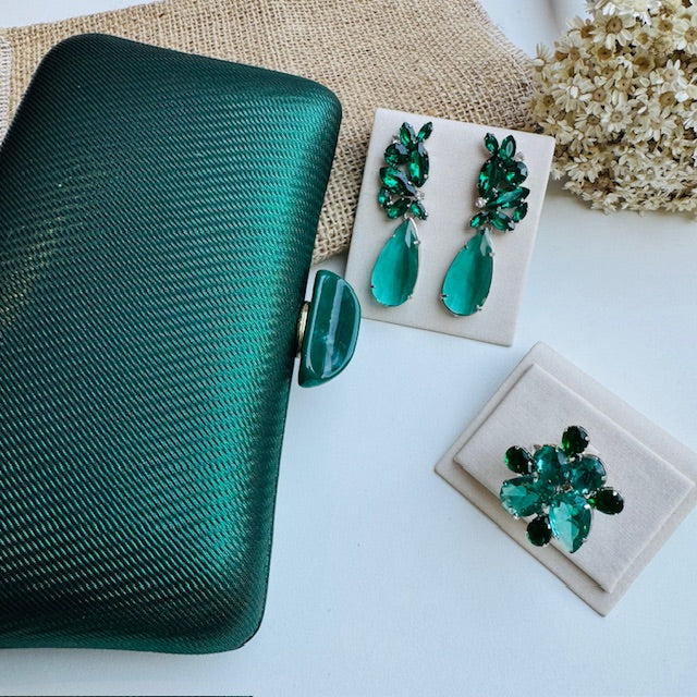 Kit Clutch, Anel Regulável e Brinco Nethy Verde - PRATA