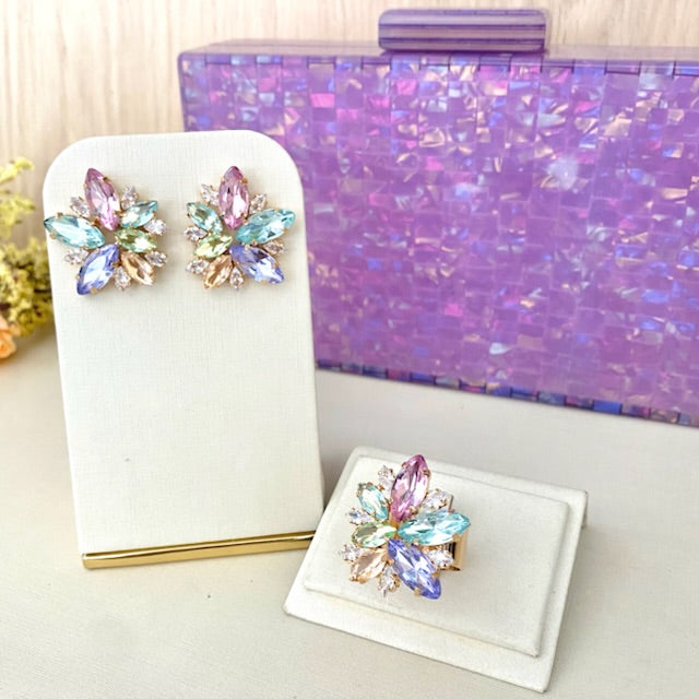 Kit Clutch, Anel regulável e Brinco Candy Colors Roxo, Verde, Rosa e Azul