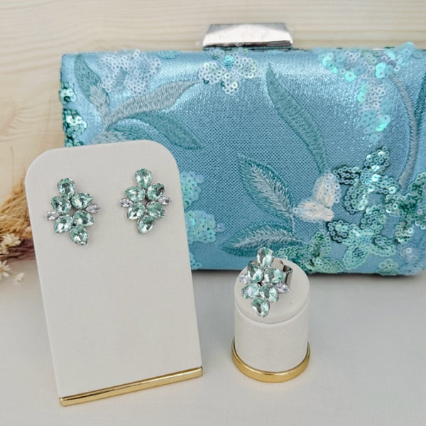 Kit Clutch Bordada, Brinco e Anel Regulável de Zircônia Menta Valentina Prata