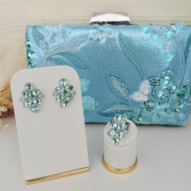 Kit Clutch Bordada, Brinco e Anel Regulável de Zircônia Menta Valentina Prata