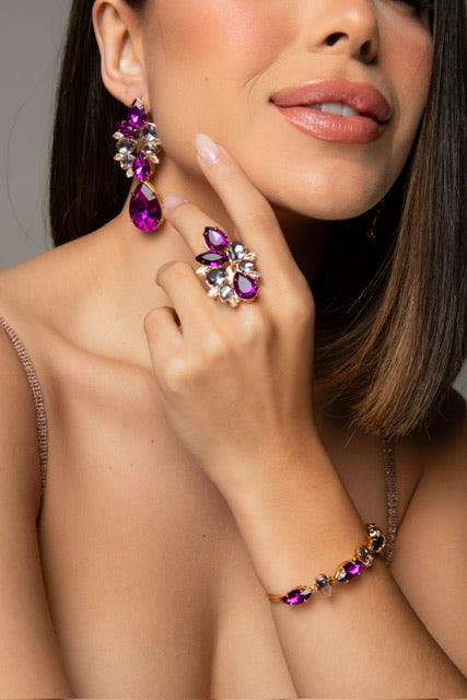 KIT Clutch, Bracelete, BRINCO E ANEL REGULÁVEL Tons de Roxo JORGINA