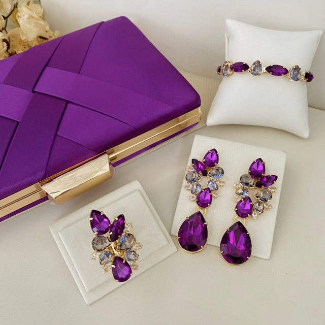 KIT Clutch, Bracelete, BRINCO E ANEL REGULÁVEL Tons de Roxo JORGINA