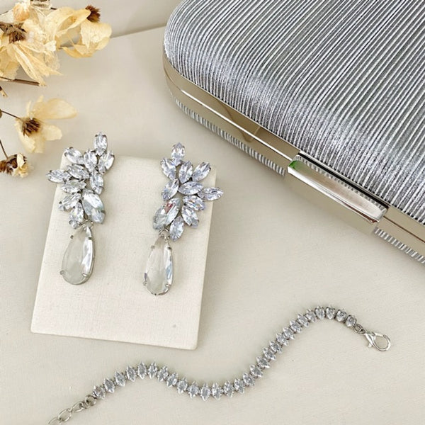 Kit Clutch Brilho, Brinco e Pulseira Navete Cristal em Zircônia Prata