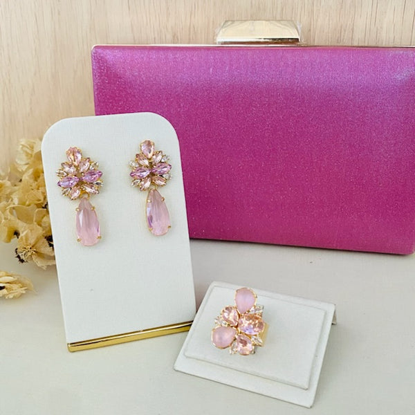 Kit Clutch Brilhosa, Brinco e Anel Regulável Maria Clara Tons de Rosa Dourado
