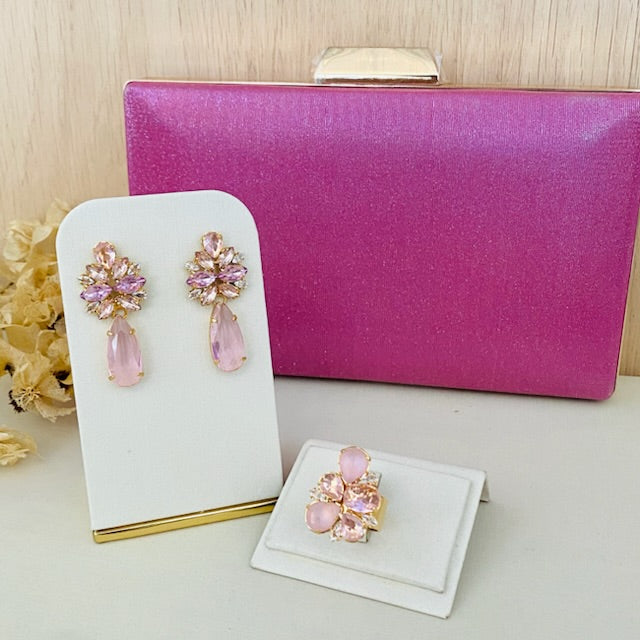 Kit Clutch Brilhosa, Brinco e Anel Regulável Maria Clara Tons de Rosa Dourado
