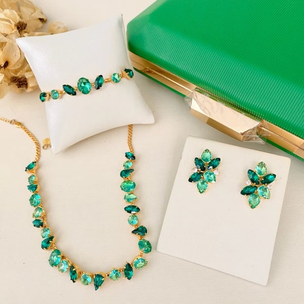 Kit Clutch, Brinco, Colar e Anel Regulável Blair Tons de Verde Dourado