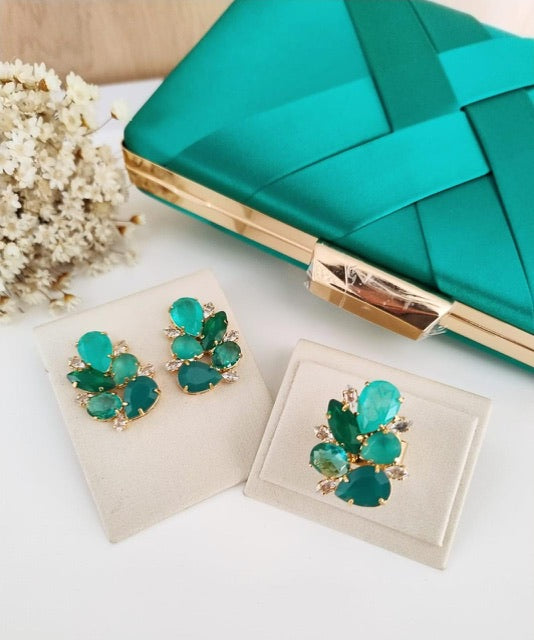 Kit Clutch, Brinco e Anel Regulável de Zircônia Aline Tons de Verde